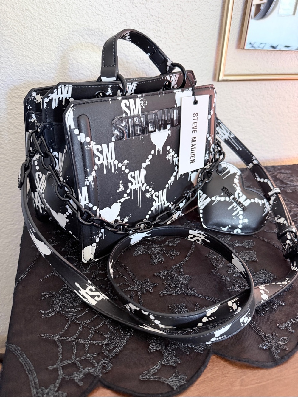 Steve Madden Black & White Logo Print Top-Handle Satchel with Chain Strap